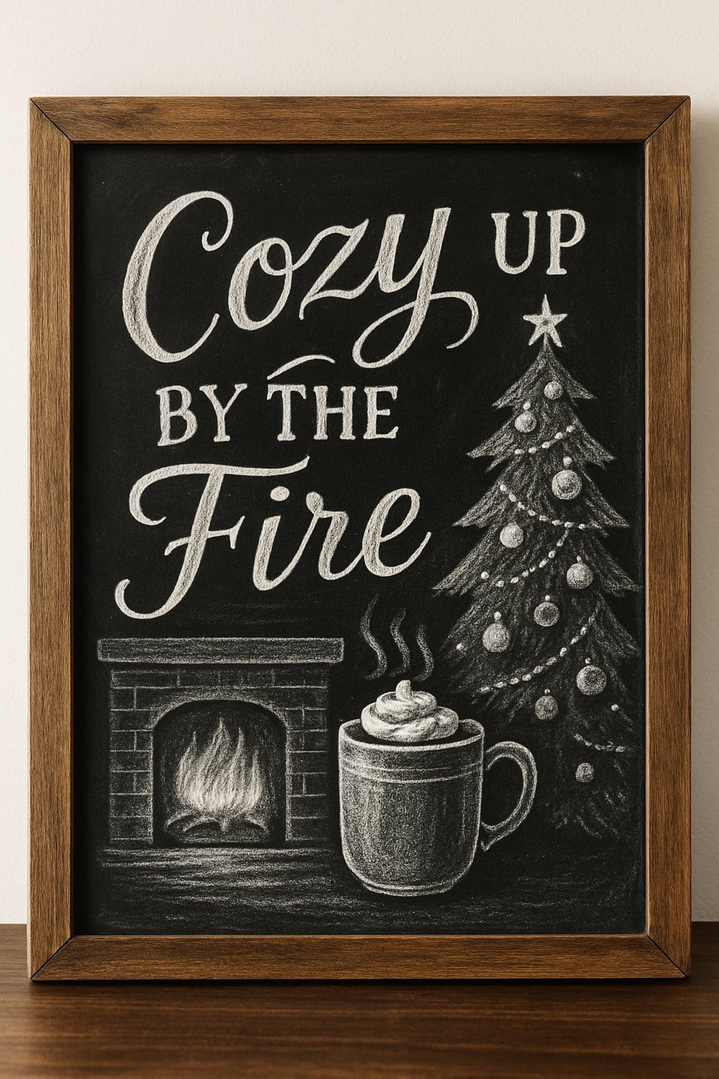 A wood framed chalkboard showing a cozy fireplace, a steaming mug of hot cocoa, and a decorated Christmas tree.