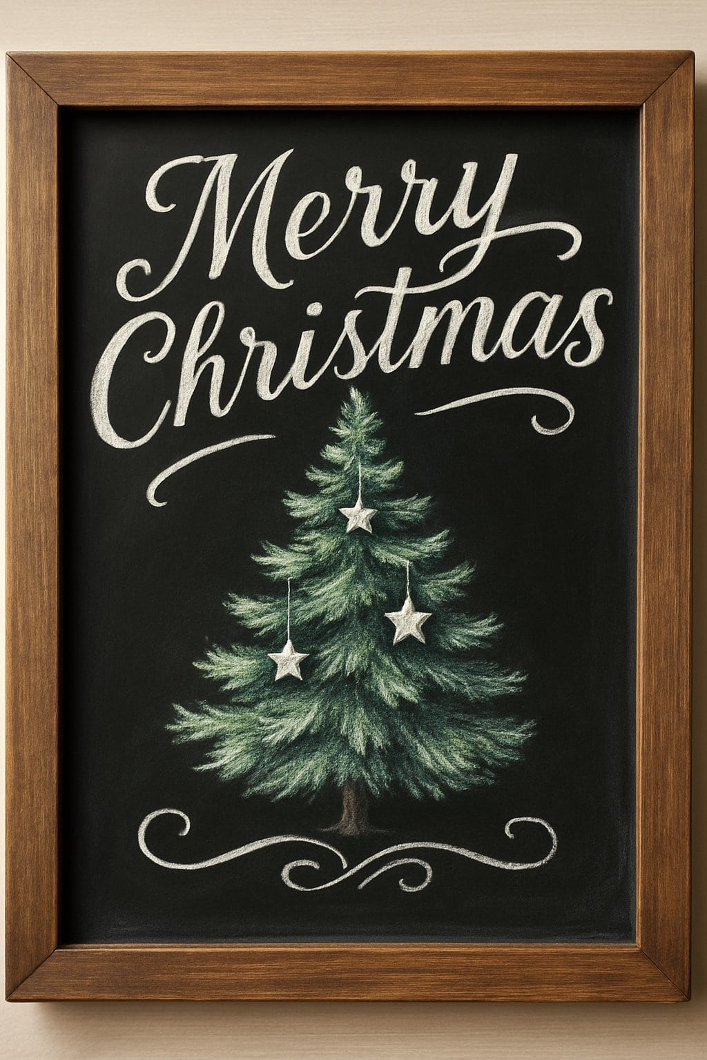 A wood framed chalkboard showing a Christmas tree decorated with hanging star ornaments.