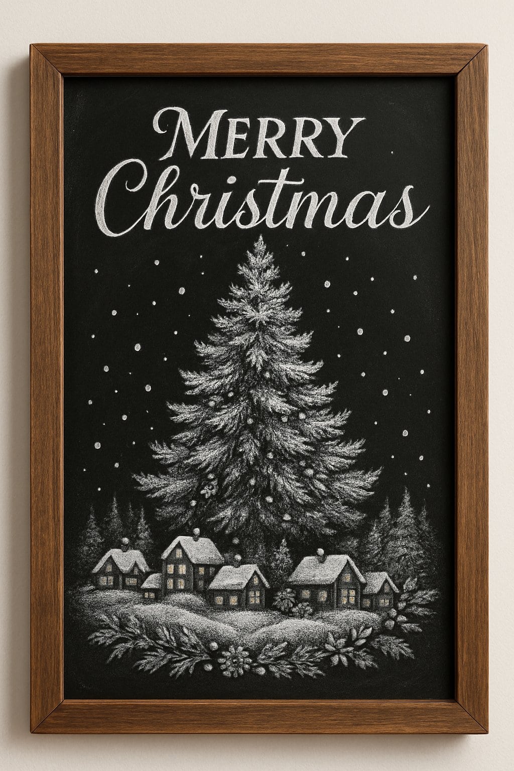 A snowy village scene at the base of a Christmas tree with small houses and falling snow.