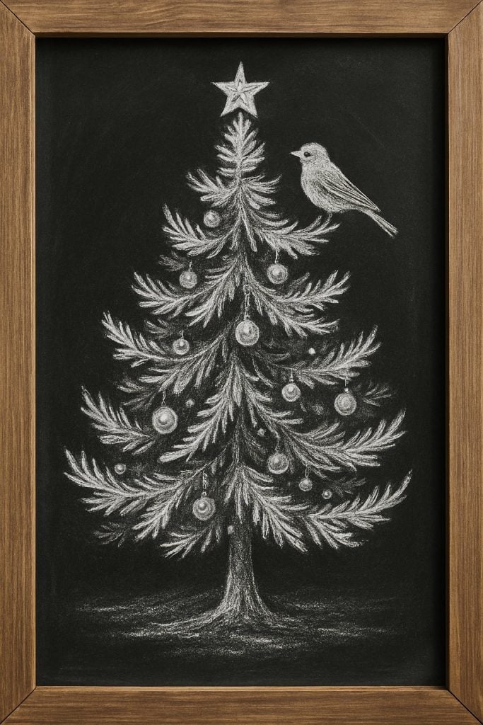 Chalk drawing of a decorated Christmas tree with ornaments and a star on top, featuring a bird perched on an upper branch, all framed with a wooden border.