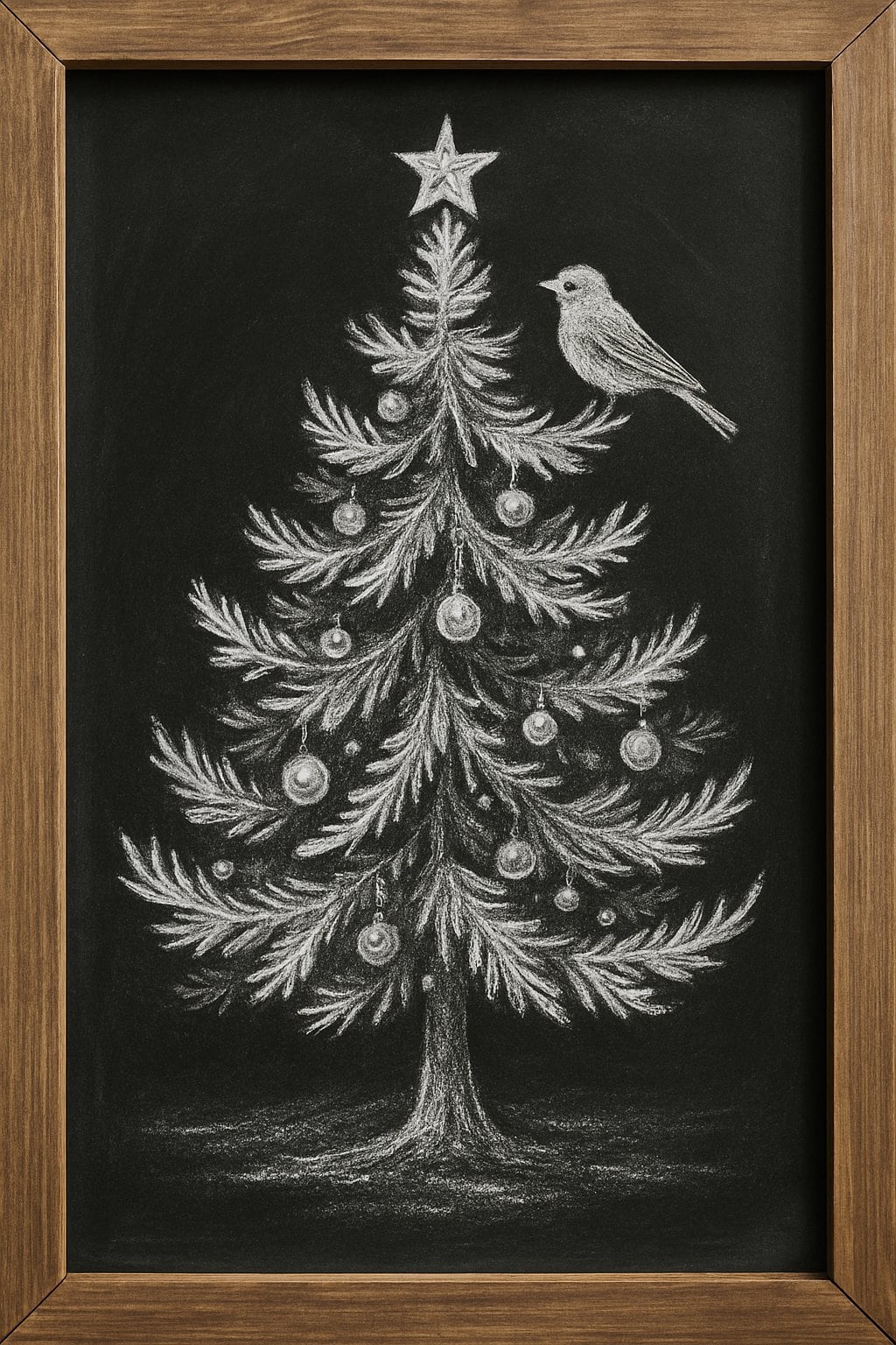 A chalkboard sign with a Christmas tree and a small bird sitting on a branch.