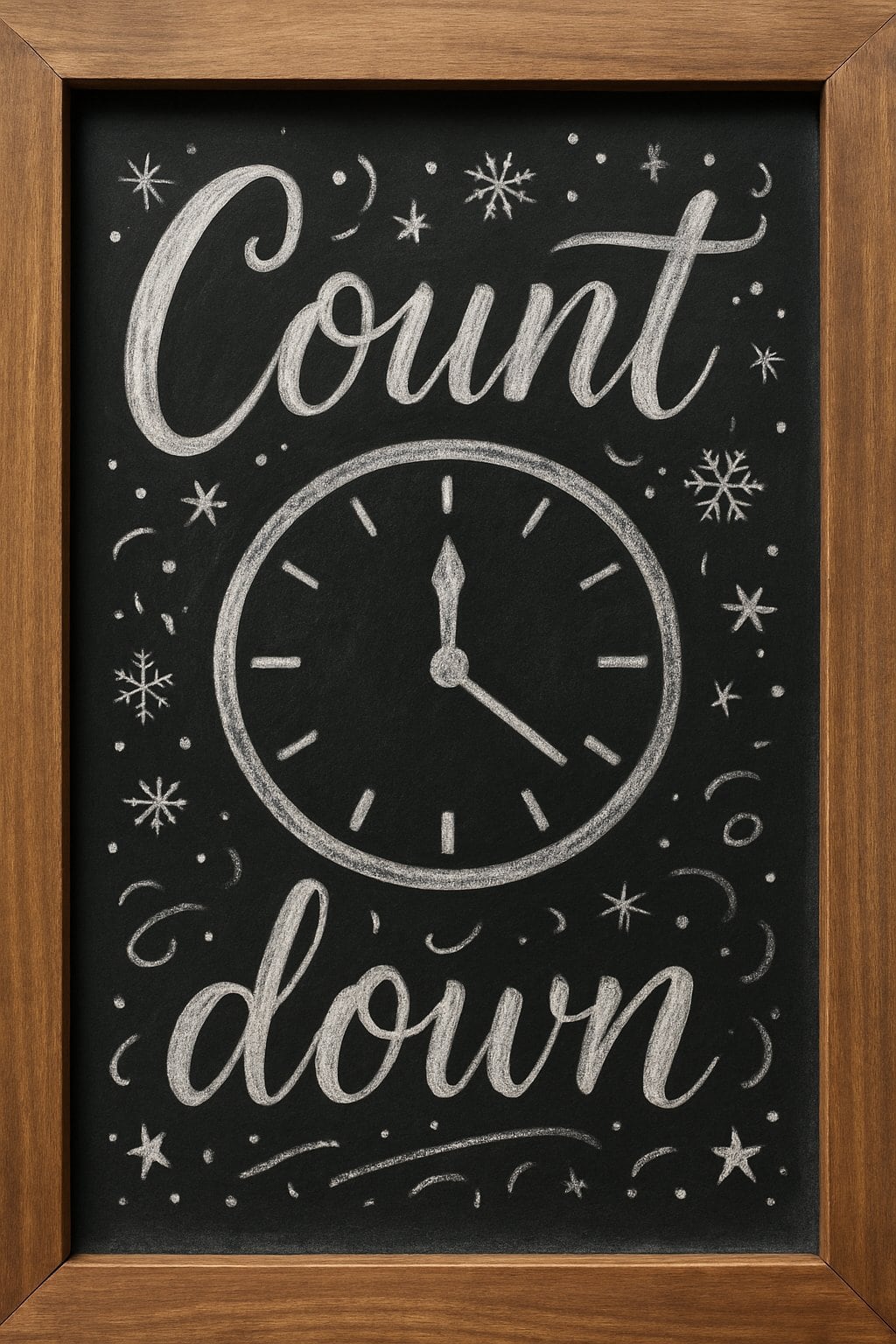 A wood framed chalkboard sign with artistic chalk lettering and seasonal decorative elements on a clean background.