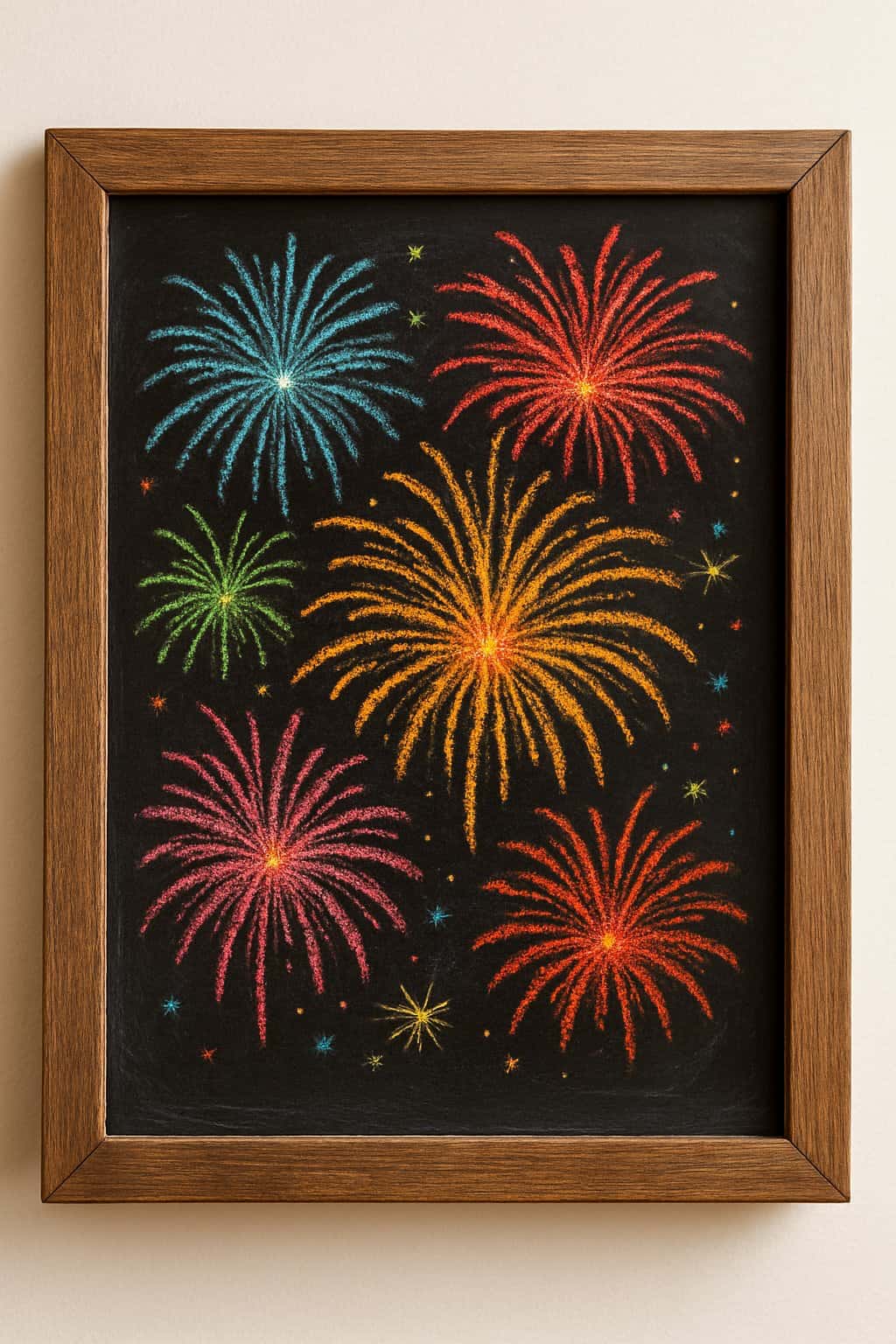 A wood framed chalkboard displaying a colorful fireworks illustration celebrating New Year's.
