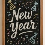 A framed chalkboard with "New Year" written in large white letters, surrounded by colorful drawings of party hats, confetti, and streamers.