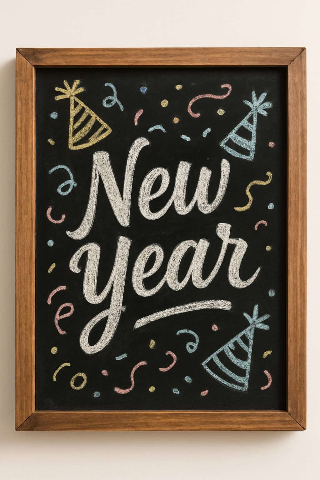 A wood framed chalkboard sign decorated with party hats and confetti doodles around artistic chalk drawings, set against a clean background.