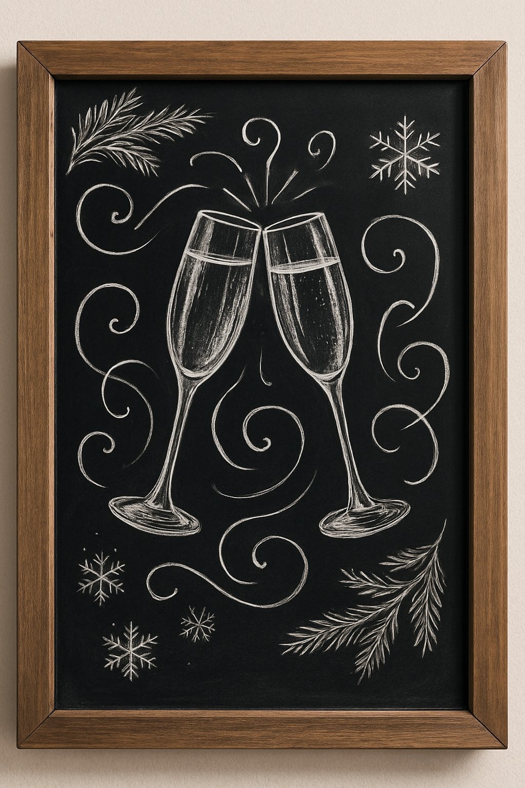 A wood framed chalkboard with a detailed sketch of two clinking champagne glasses surrounded by seasonal winter decorations on a clean background.