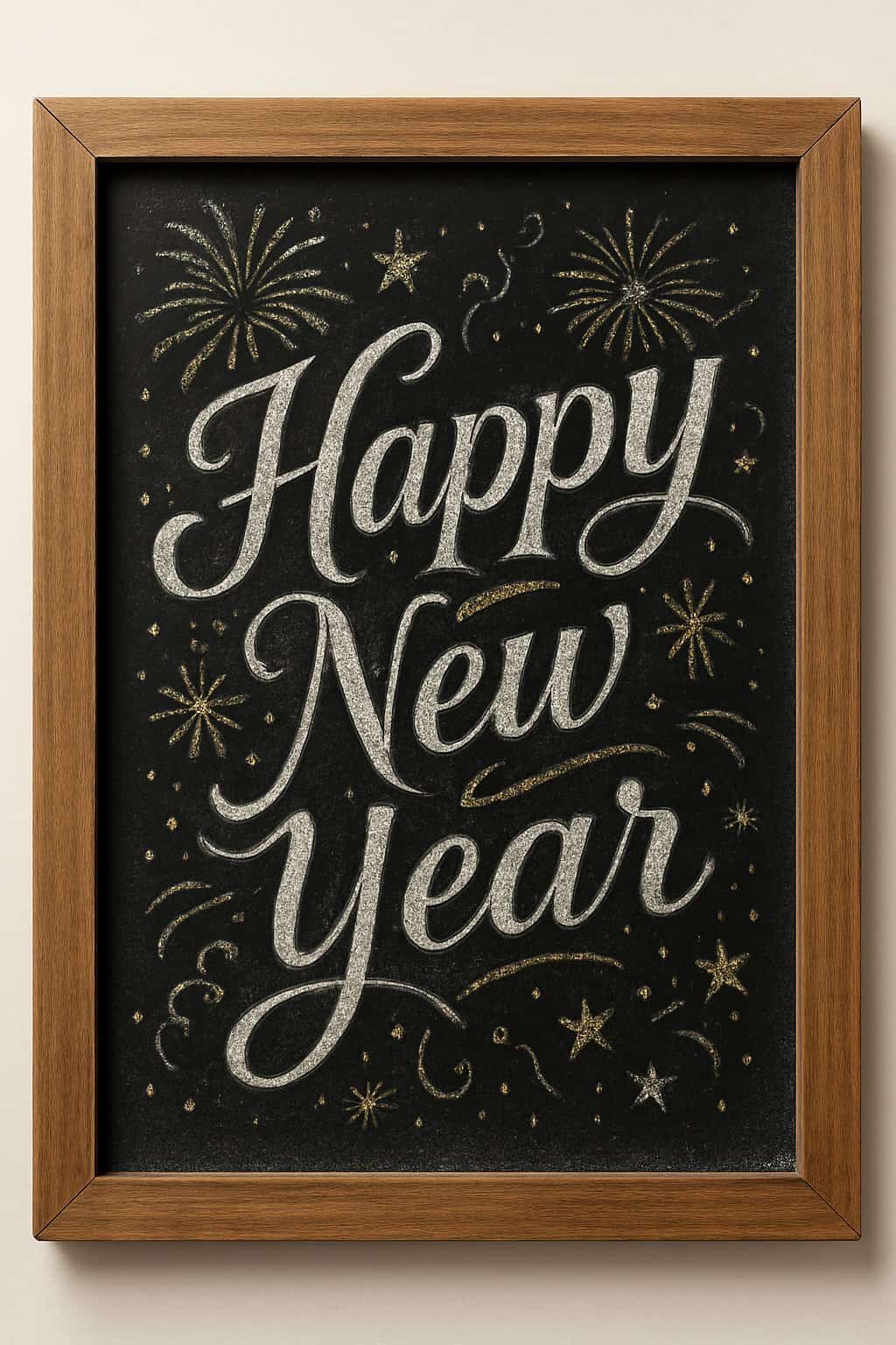 A wood framed chalkboard sign with artistic lettering and festive decorative elements celebrating the New Year.