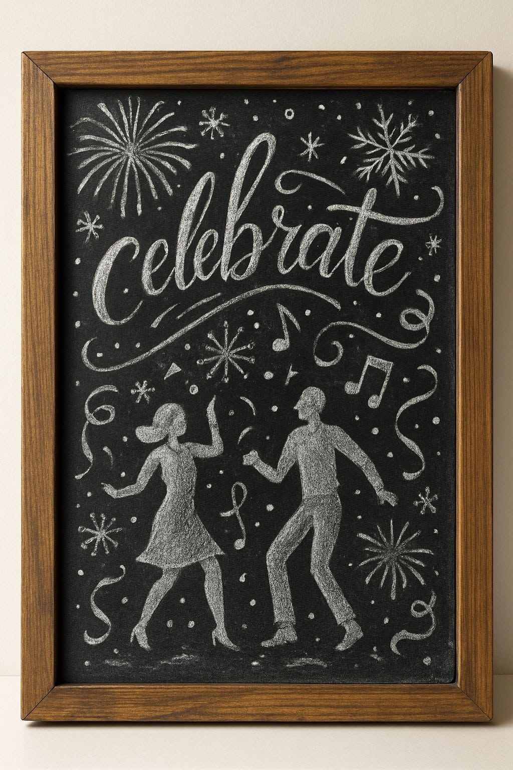A wood-framed chalkboard featuring festive, hand-drawn chalk art with designs inspired by a New Year’s Eve dance party, including fireworks, confetti, and winter motifs.