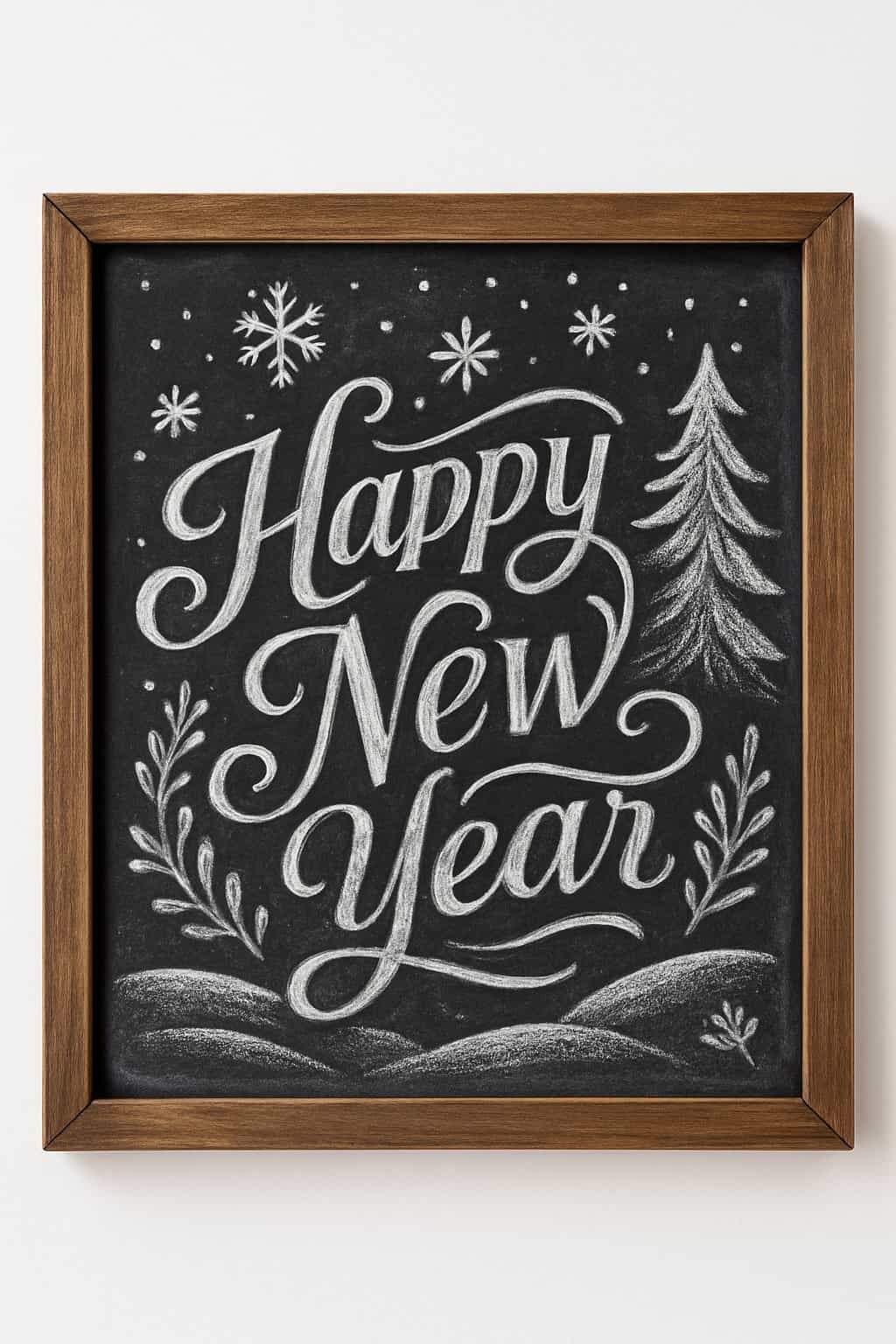 A wood framed chalkboard displaying artistic chalk drawings of a peaceful snowy winter landscape with snowflakes and winter plants.