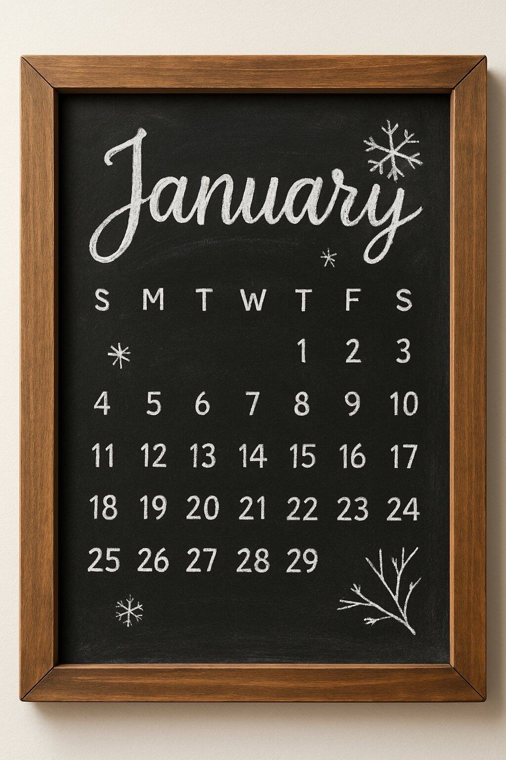 A wood framed chalkboard displaying a January calendar with simple winter-themed drawings on a clean background.