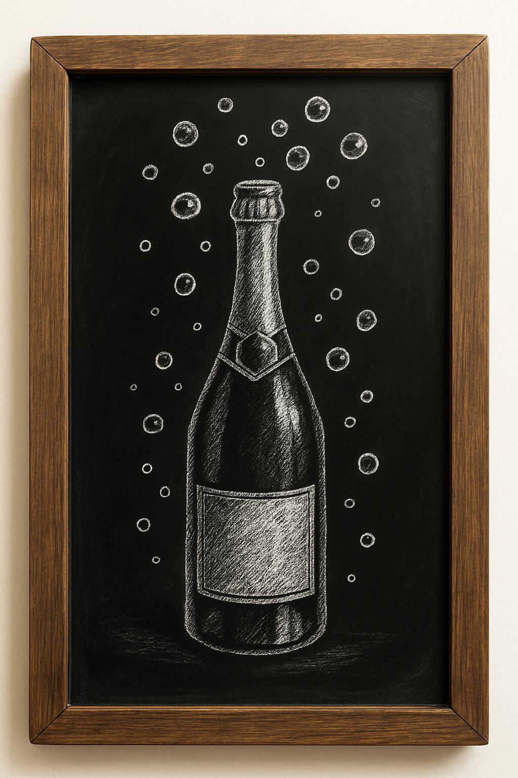 A wood framed chalkboard sign with a drawing of a champagne bottle and bubbles.