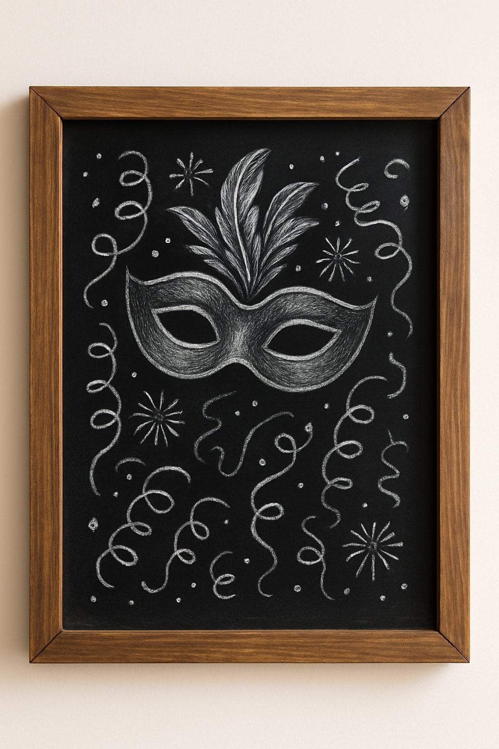 A wood-framed chalkboard sign with artistic chalk drawings of a festive party mask and decorative New Year's celebration elements on a clean background.