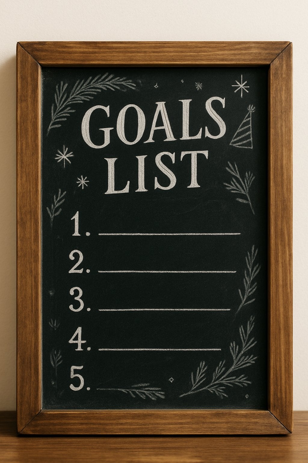A wood framed chalkboard sign with artistic lettering and seasonal decorations set against a clean background.
