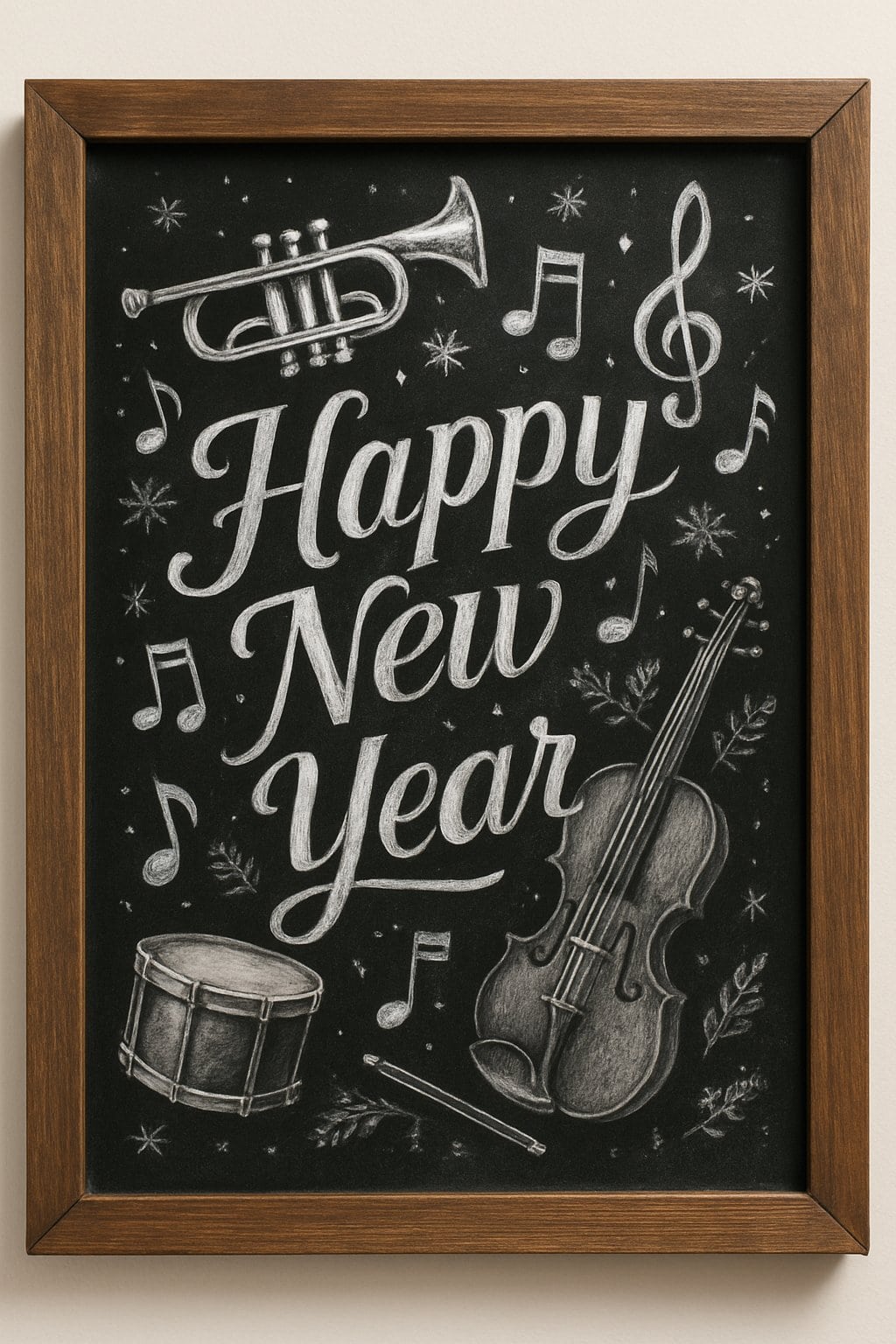 A wood framed chalkboard featuring festive music notes and musical instruments arranged in a New Year's celebration design.