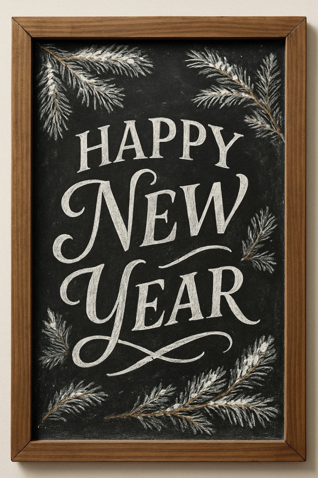 A wood-framed chalkboard sign decorated with hand-drawn snowy pine branches and artistic lettering surrounded by a clean background.