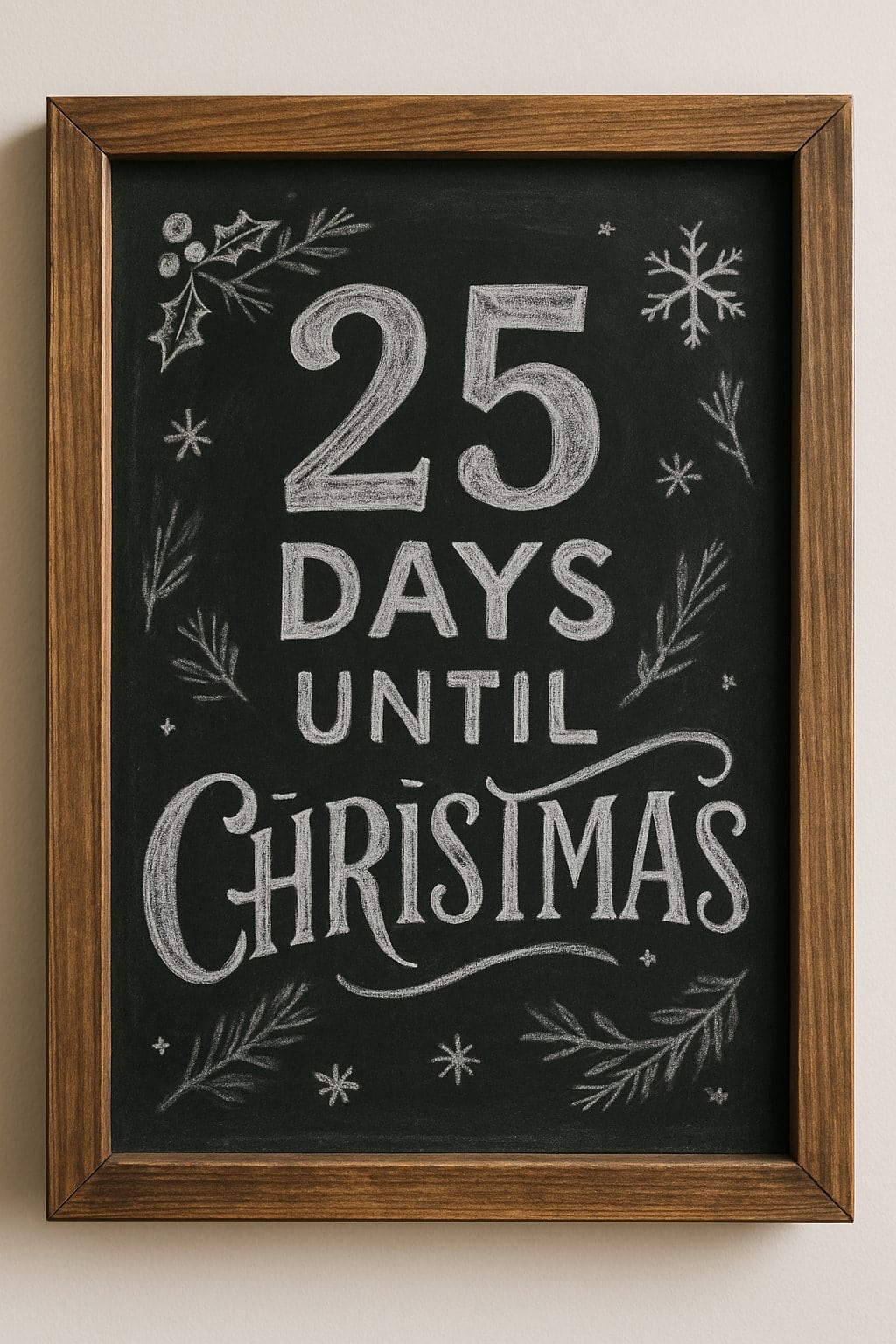 A wood framed chalkboard sign with artistic Christmas-themed chalk lettering and subtle holiday decorations on a clean background.