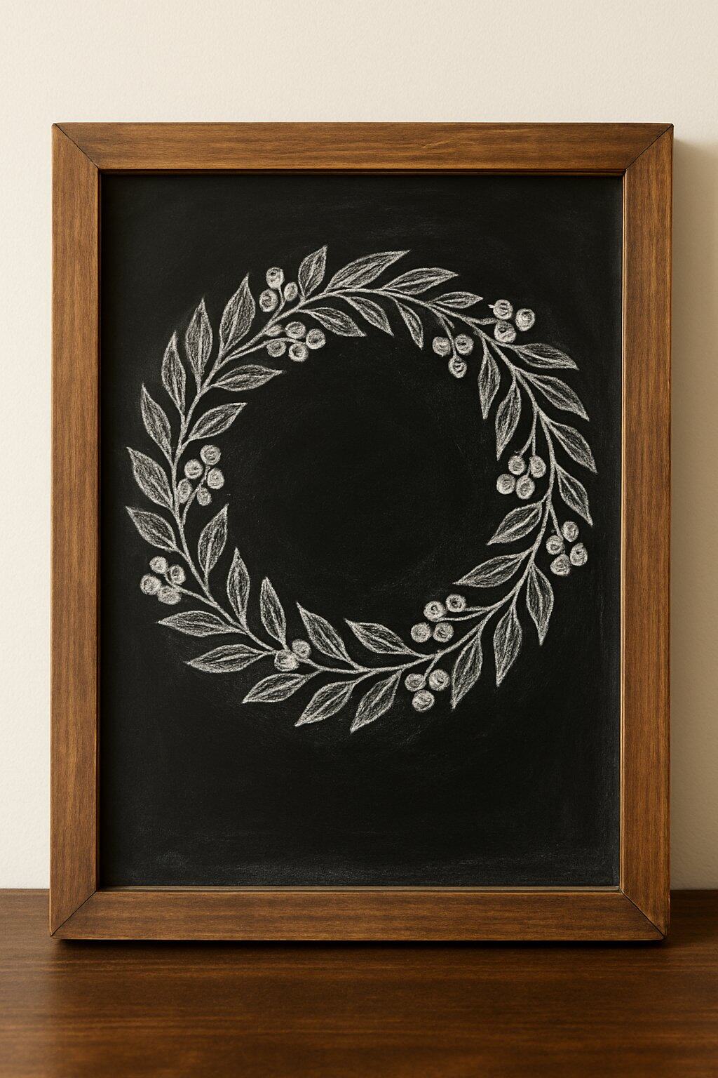 A wood-framed chalkboard sign displaying a detailed Christmas wreath outline with berries on a clean background.