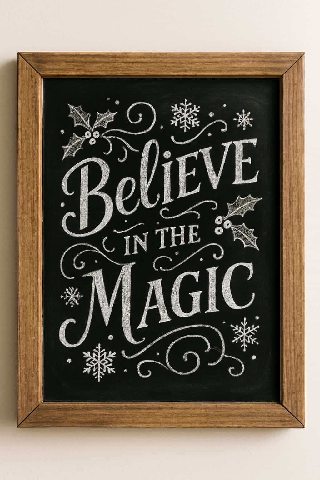 A wood-framed chalkboard sign with artistic hand lettering surrounded by Christmas-themed decorations.