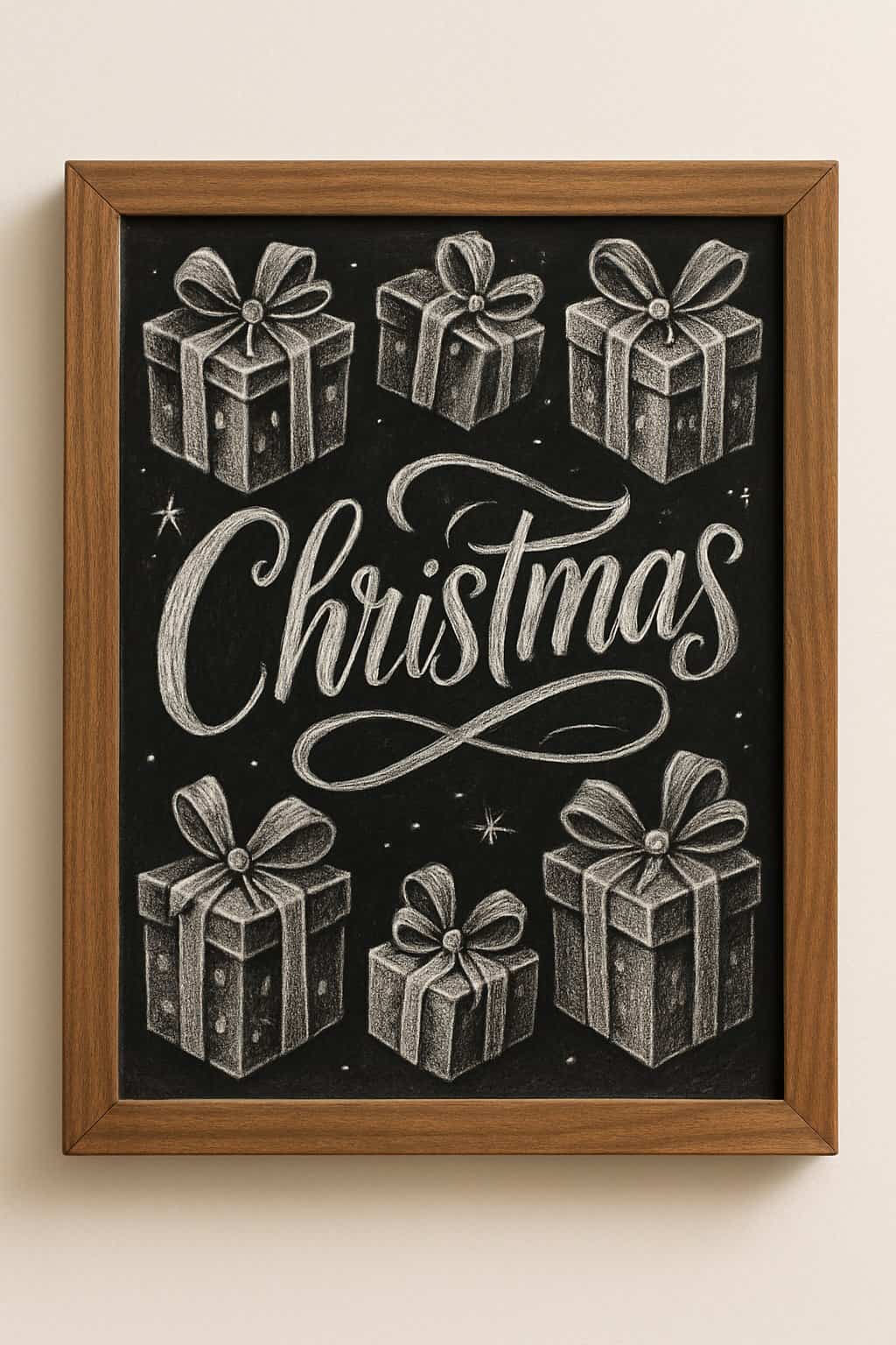A wood-framed chalkboard sign decorated with chalk drawings of Christmas gift boxes with bows, set against a clean background.