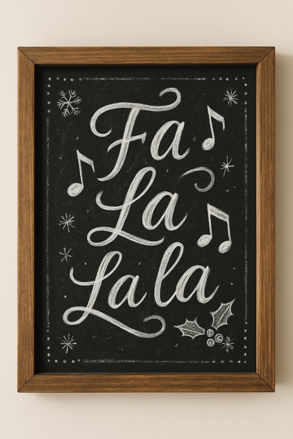 A wooden framed chalkboard sign with hand-drawn musical notes and festive decorations, illuminated by soft natural light.