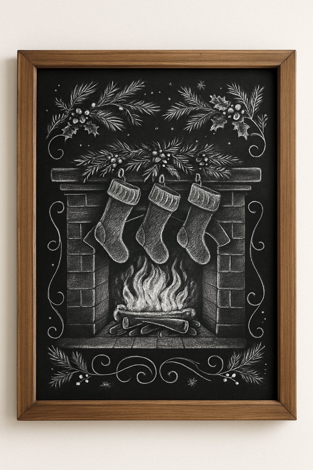 A wood framed chalkboard sign depicting a festive fireplace with stockings hanging above it, decorated with holiday greenery and seasonal accents.