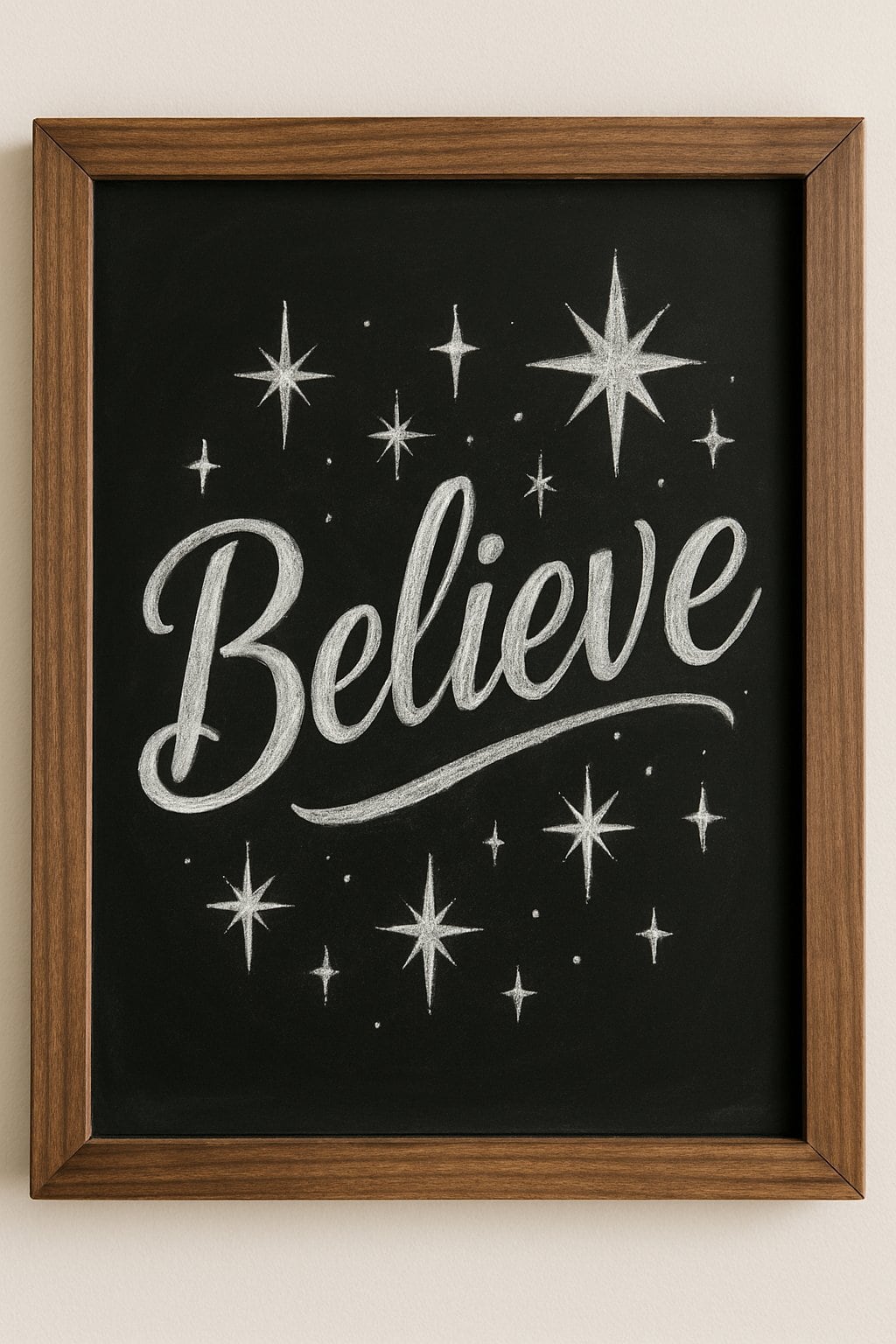A wood framed chalkboard sign with the word 'Believe' surrounded by stars and sparkles.