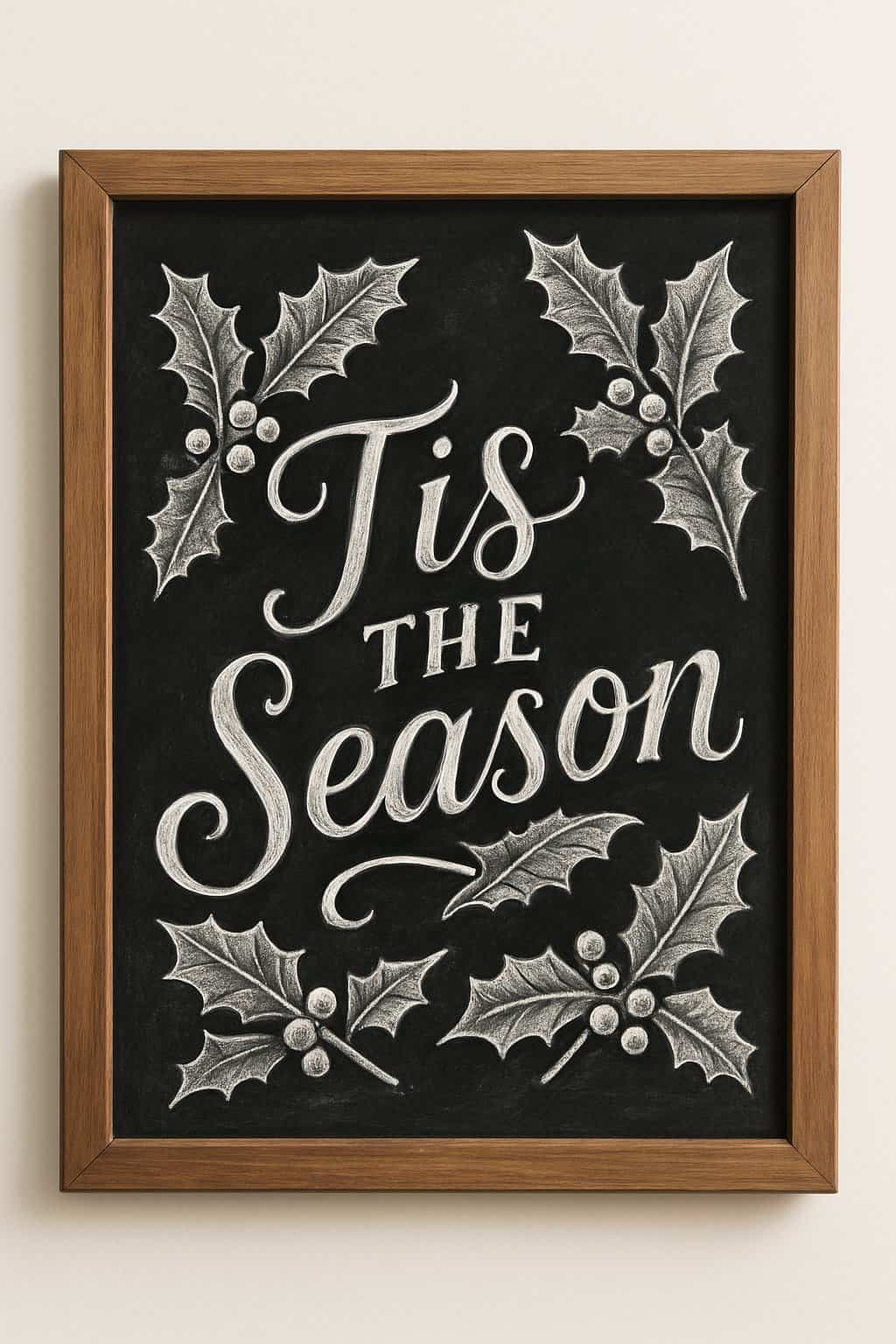 A wood-framed chalkboard sign decorated with holly leaves and berries, featuring artistic chalk drawings on a clean background.