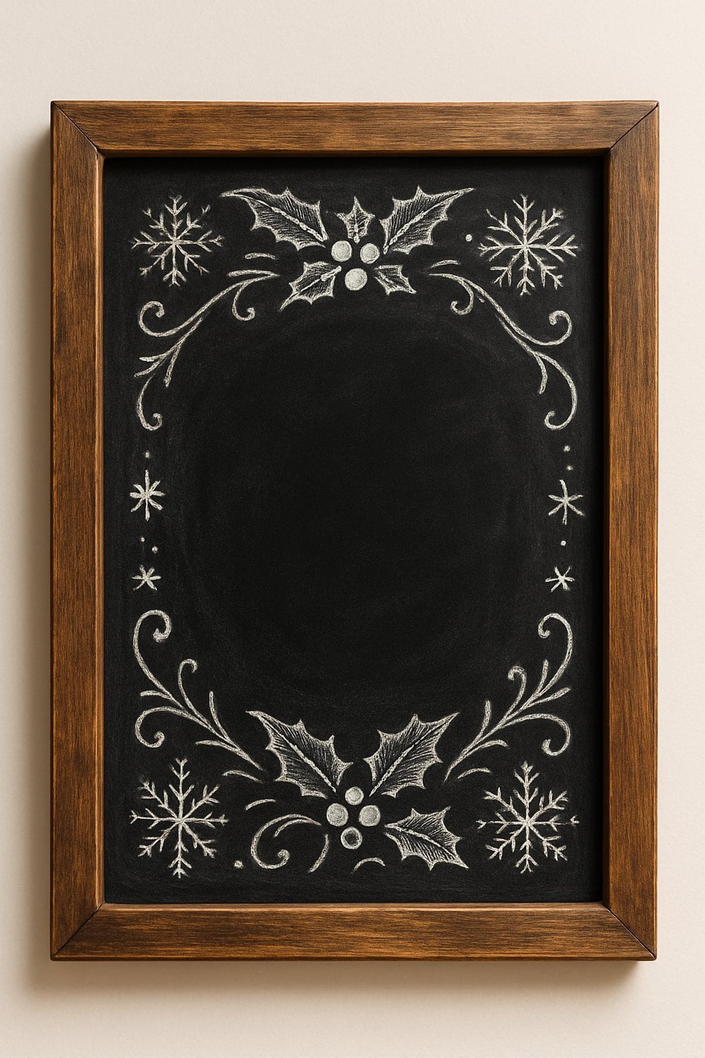 A wood framed chalkboard sign with decorative holiday-themed chalk art and seasonal motifs on a clean background.