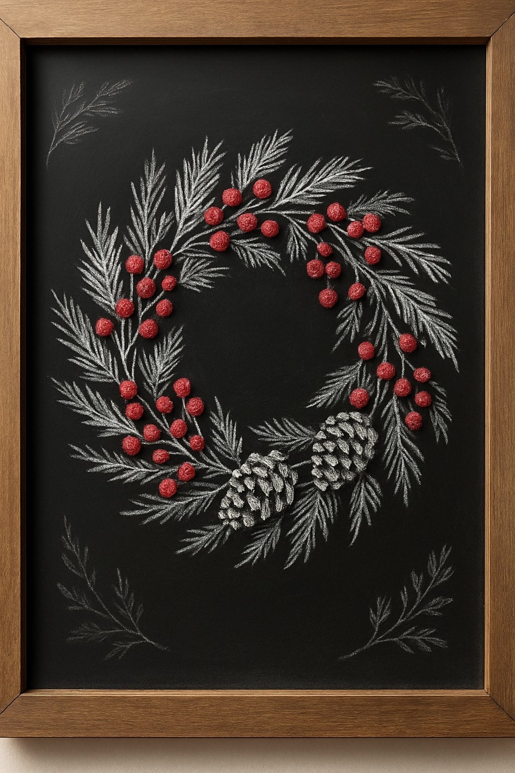 A wood framed chalkboard sign displaying a detailed festive wreath with berries and pinecones on a dark background.