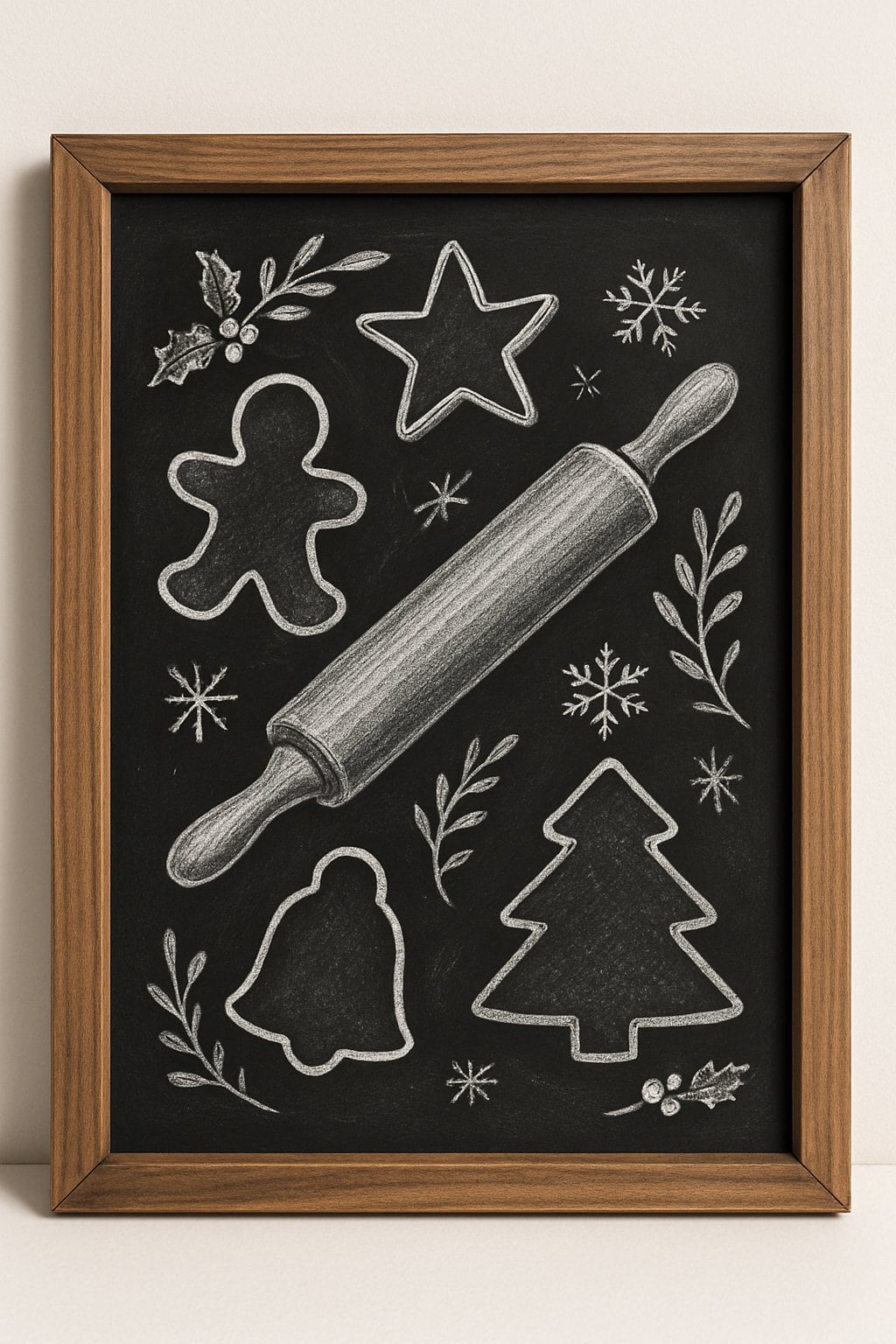 A wood framed chalkboard displaying chalk drawings of a rolling pin and cookie cutters with holiday-themed decorative elements.