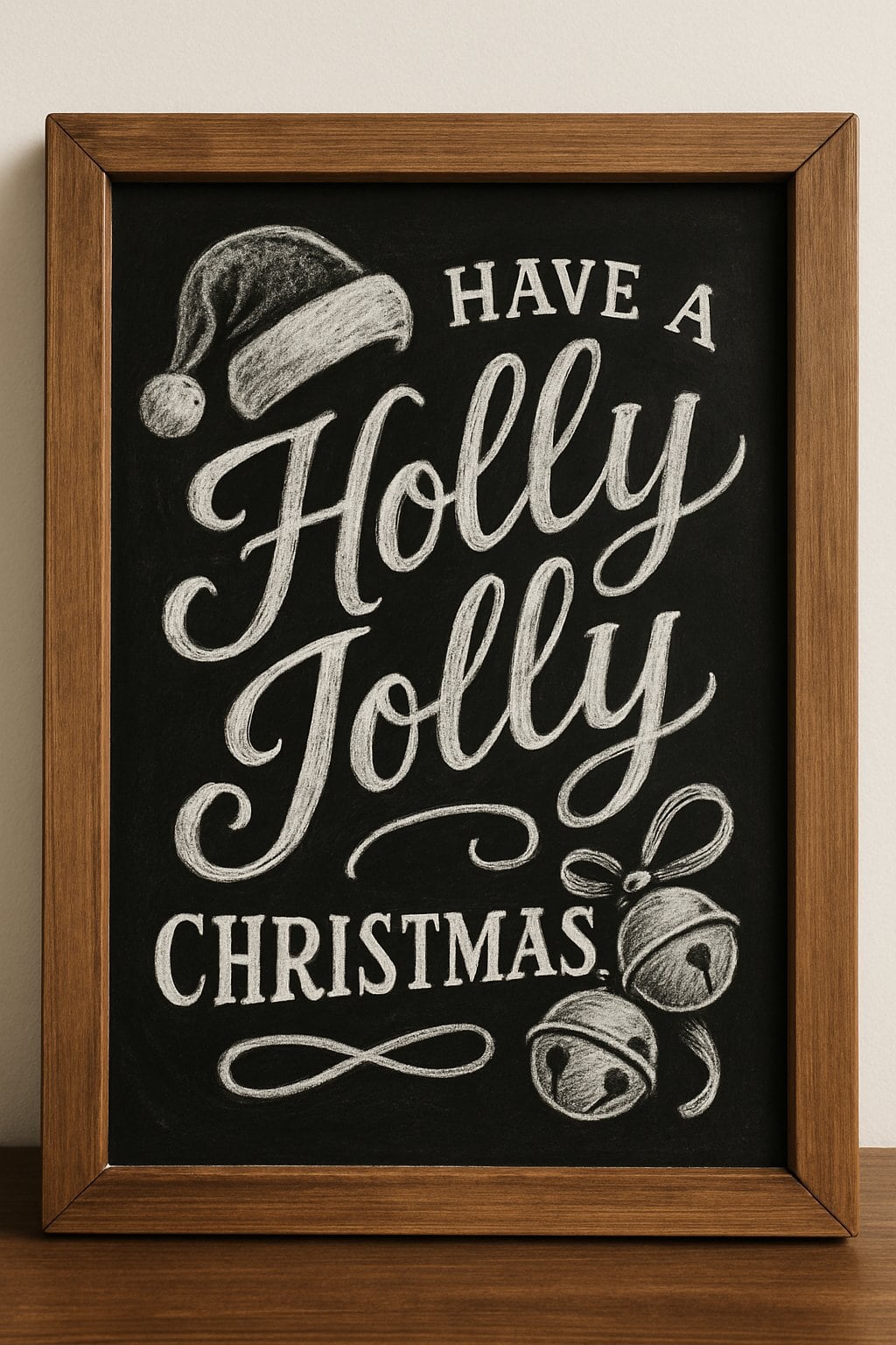 A wood framed chalkboard sign featuring artistic holiday-themed illustrations of a Santa hat and sleigh bells with decorative lettering on a blackboard.