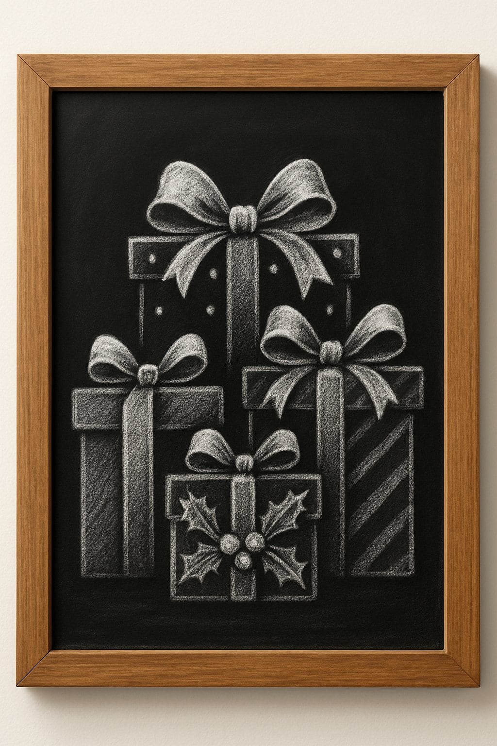 A wood framed chalkboard sign showing artistic chalk drawings of stacked gift boxes with ribbons.