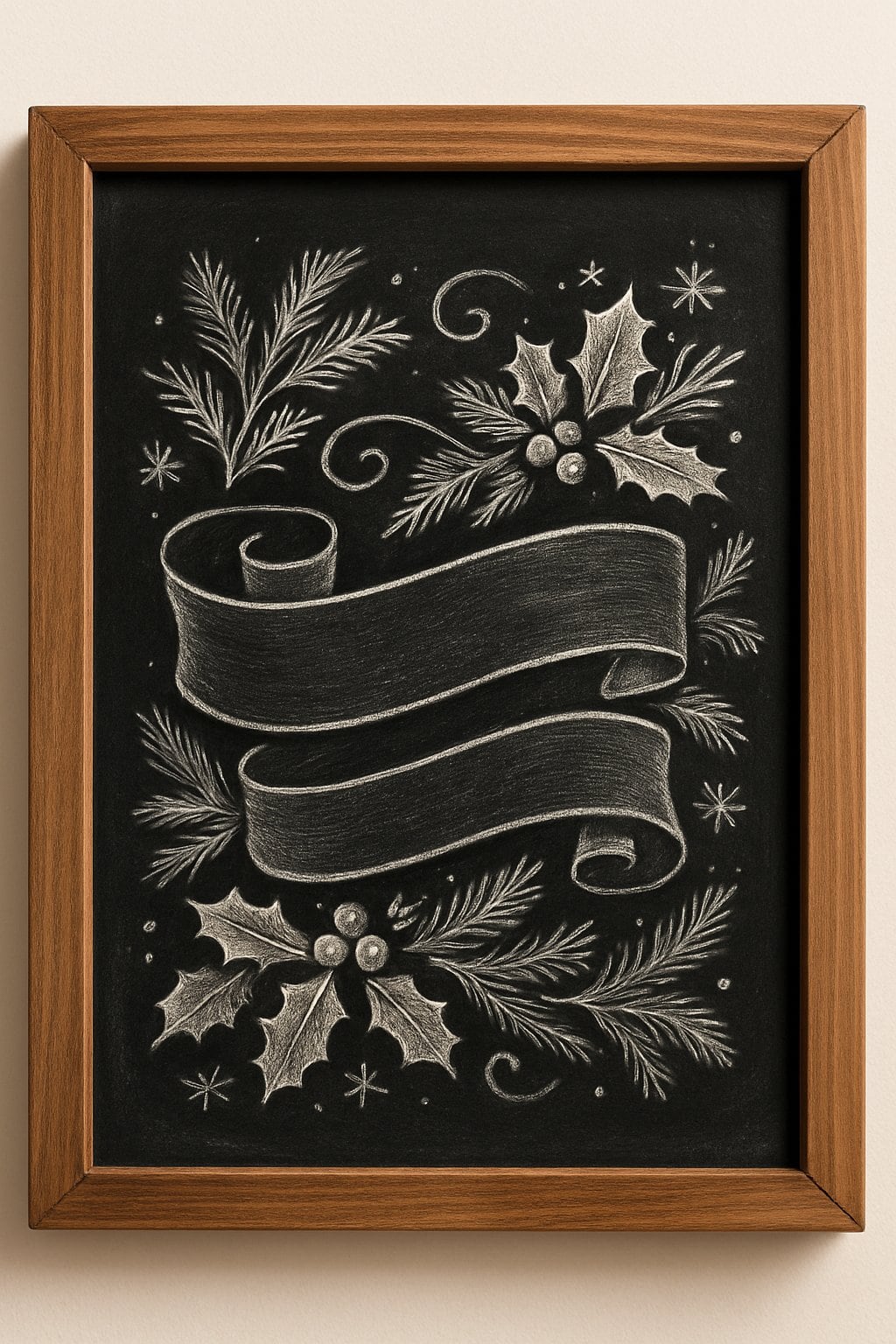 A wooden framed chalkboard with festive holiday artwork including holly leaves, pine branches, and snowflakes surrounding decorative hand drawn designs.