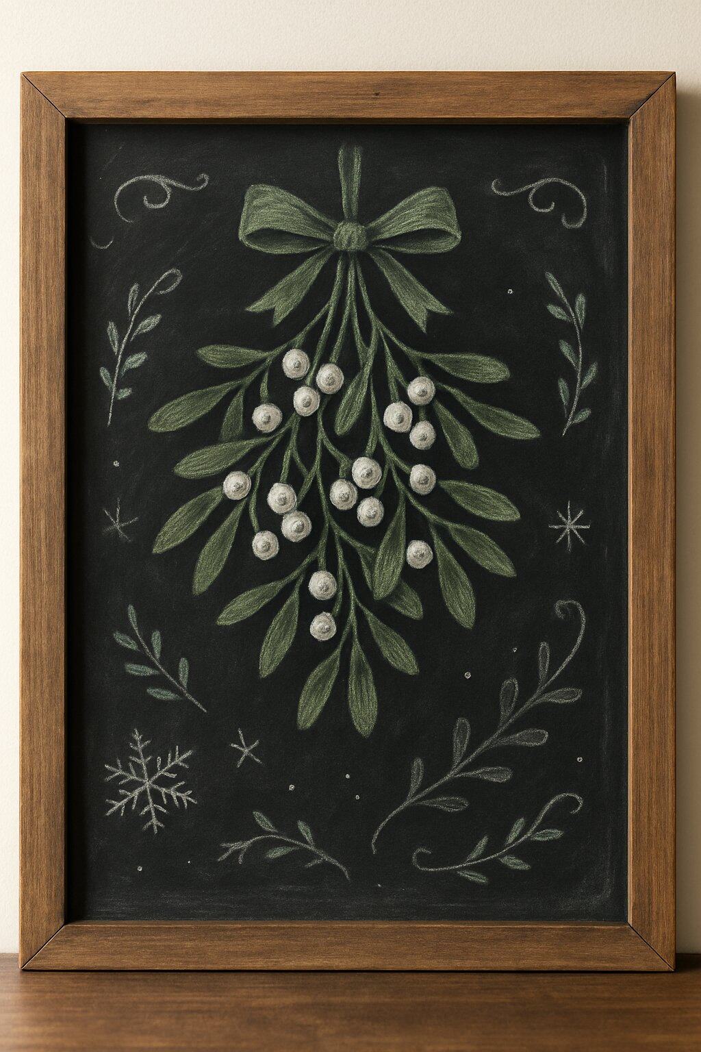 A wood framed chalkboard sign displaying a detailed chalk drawing of a mistletoe bunch hanging, set against a plain background with natural lighting.
