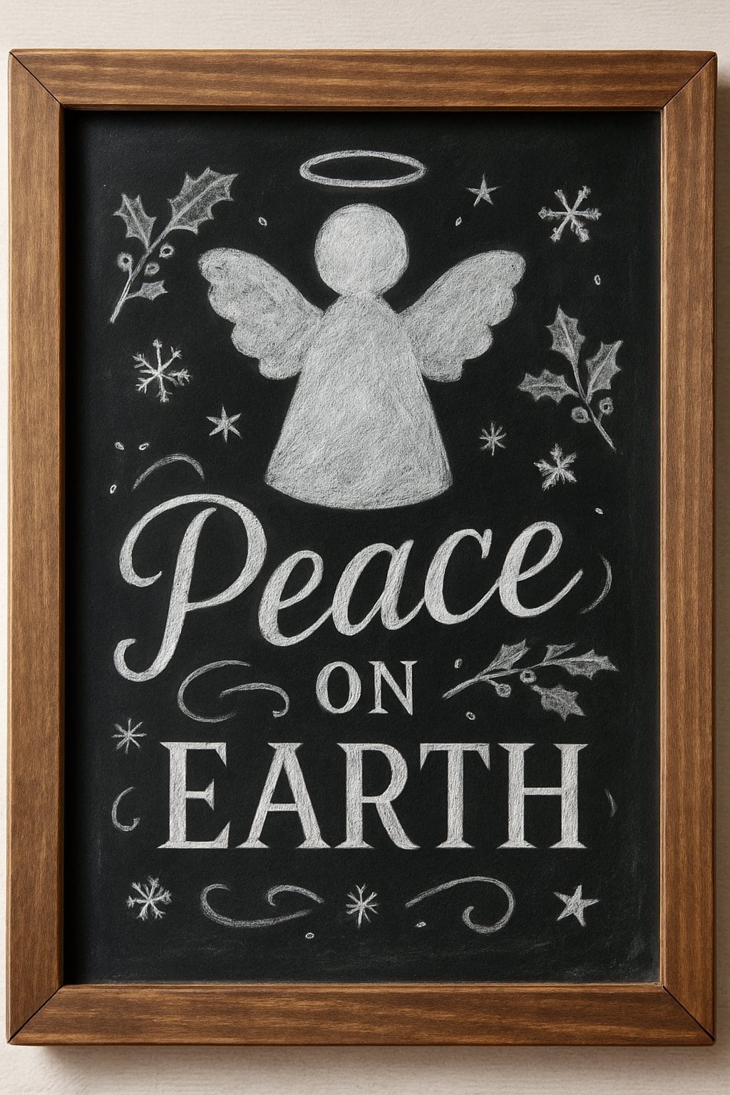 A wood-framed chalkboard sign displaying an angel silhouette with holiday decorations on a clean dark background.