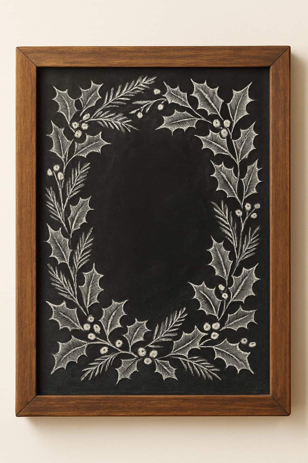 A wood framed chalkboard decorated with festive garland and holly leaves around the edges.