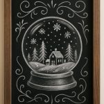 A framed chalk drawing of a snow globe features a house, trees, and falling snowflakes inside, with decorative swirls drawn around the globe on a black background.