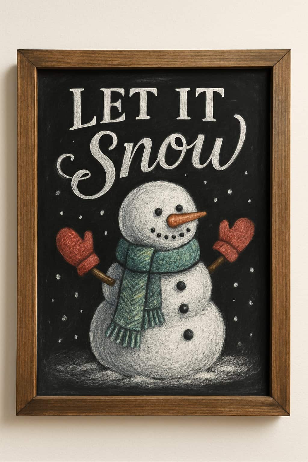 A chalkboard sign depicting a snowman wearing a scarf and mittens, framed in wood.