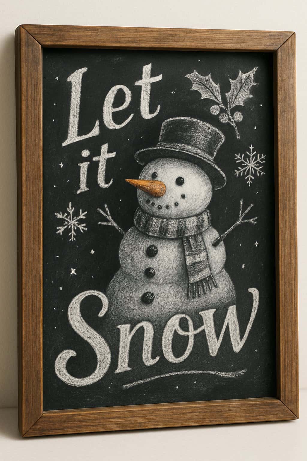 A wood framed chalkboard sign showing a snowman with buttons and a carrot nose surrounded by winter decorations.