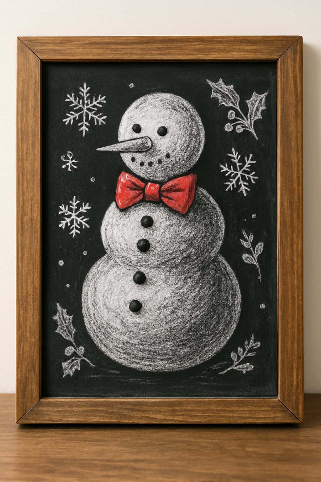 A chalkboard sign with a wood frame showing a festive snowman wearing a red bow tie and surrounded by winter decorations.