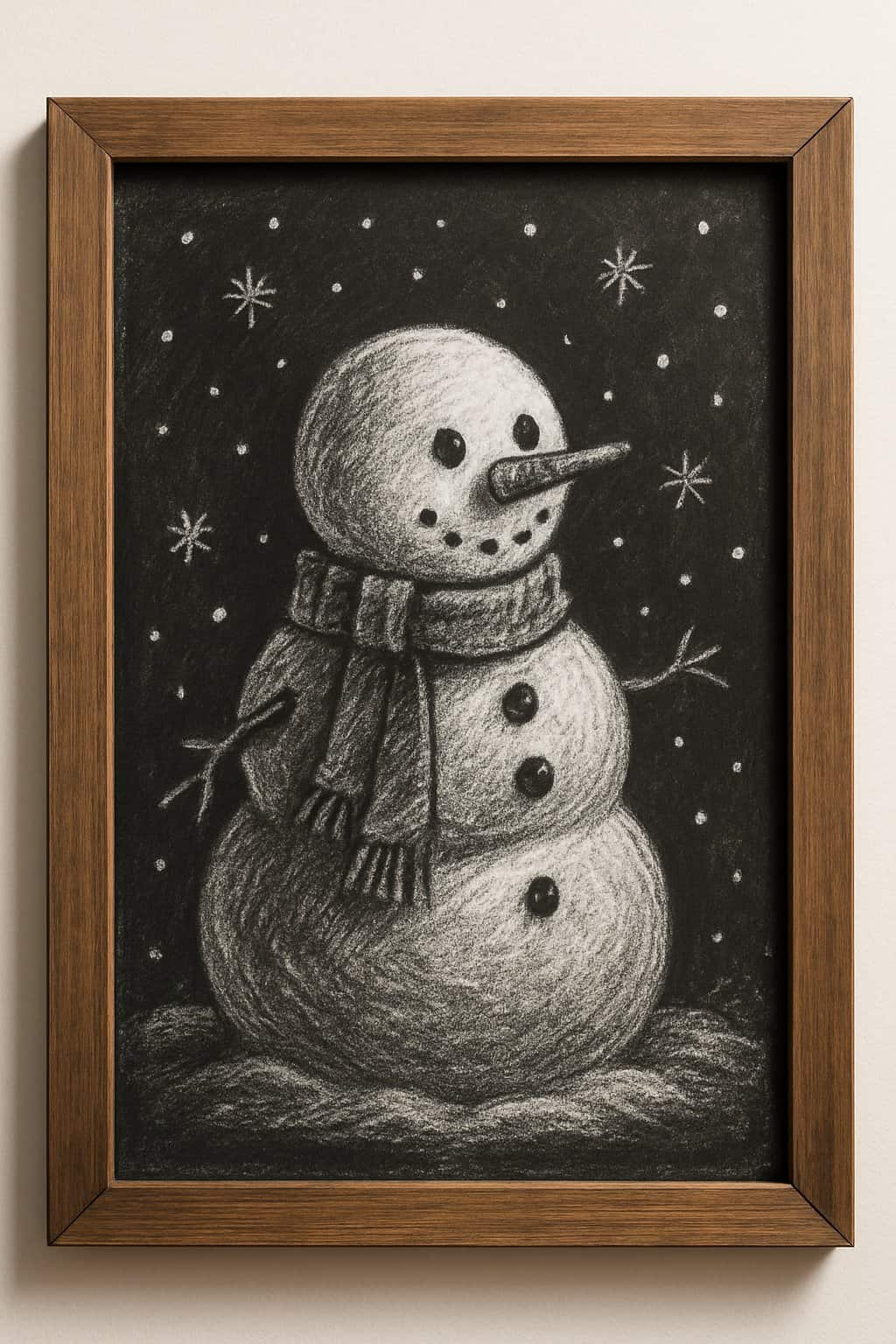 A chalkboard sign with a drawing of a snowman surrounded by falling snowflakes inside a wooden frame.