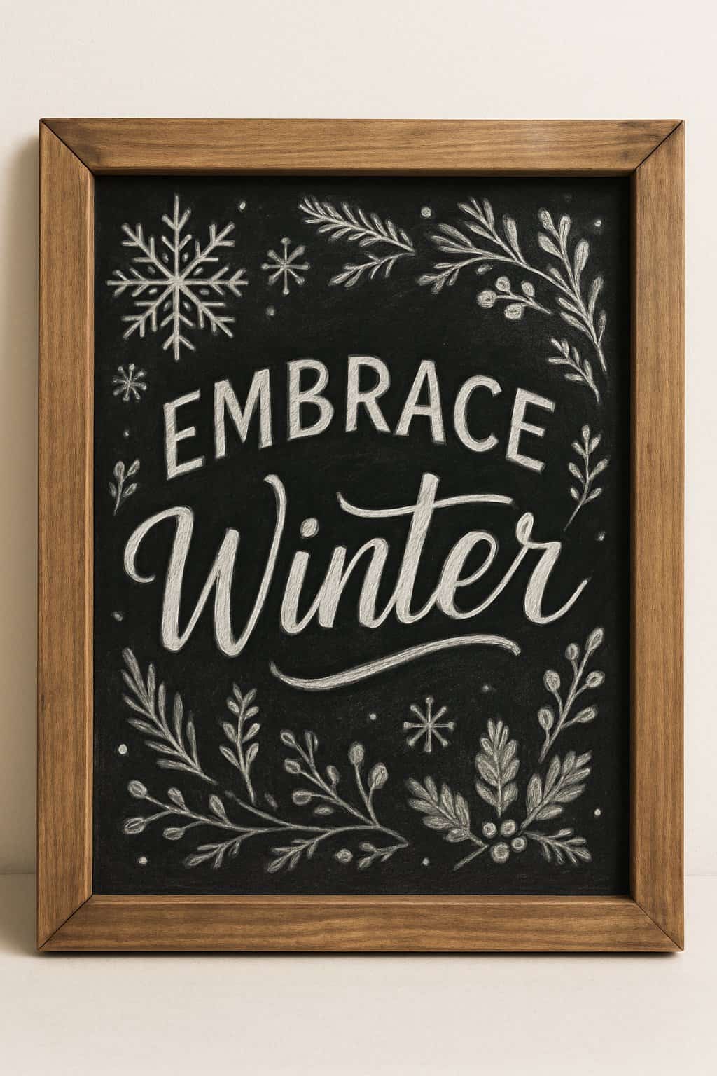 A wood framed chalkboard with artistic winter-themed lettering and subtle seasonal decorations on a clean background.