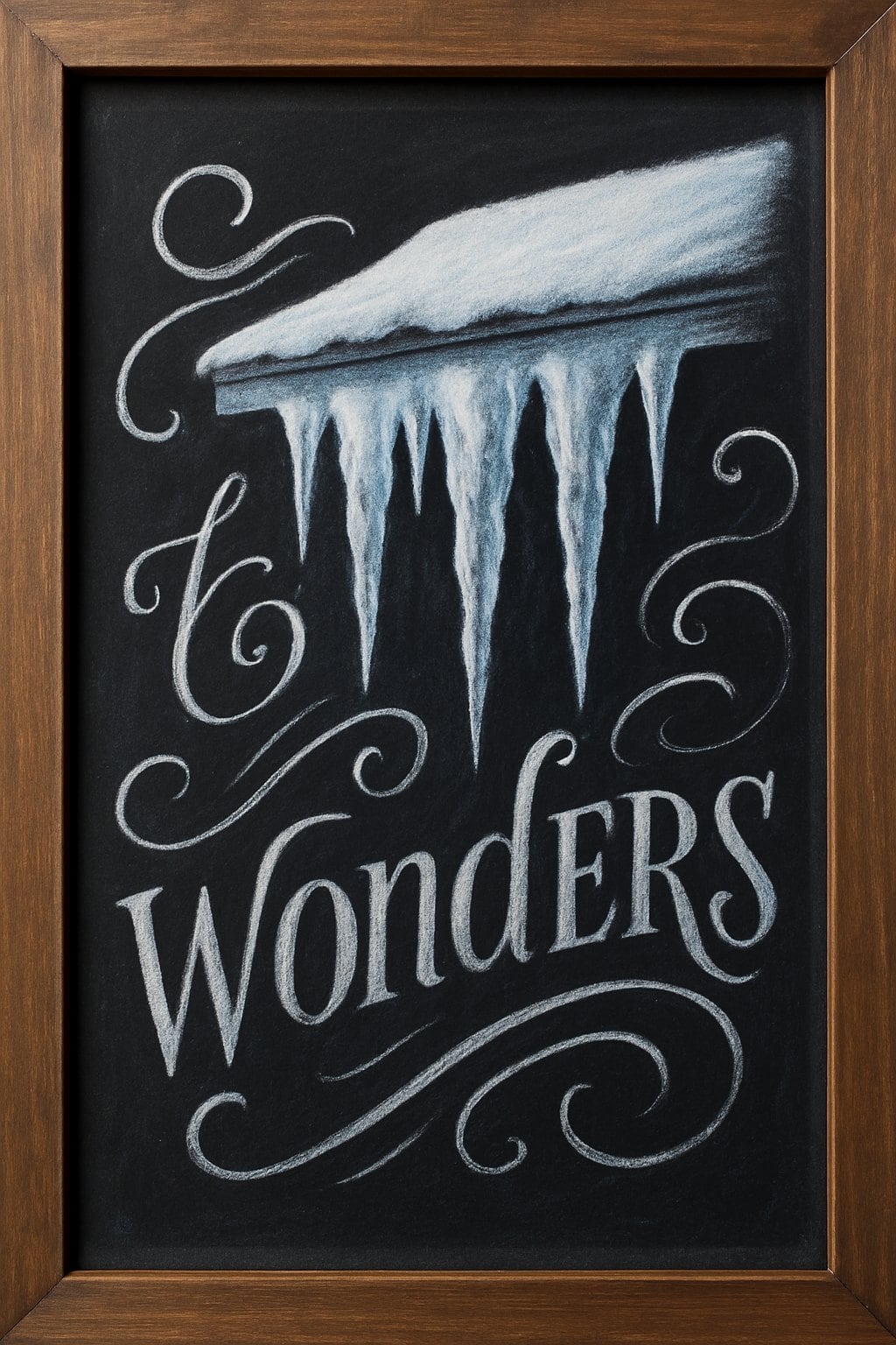 A wood framed chalkboard sign depicting elegant icicles hanging from a rooftop.