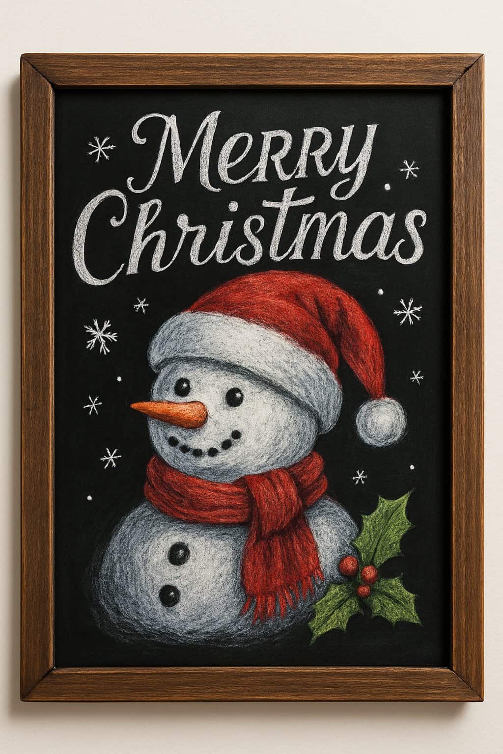 A chalkboard sign with a snowman wearing a Santa hat surrounded by snowflakes and holly.