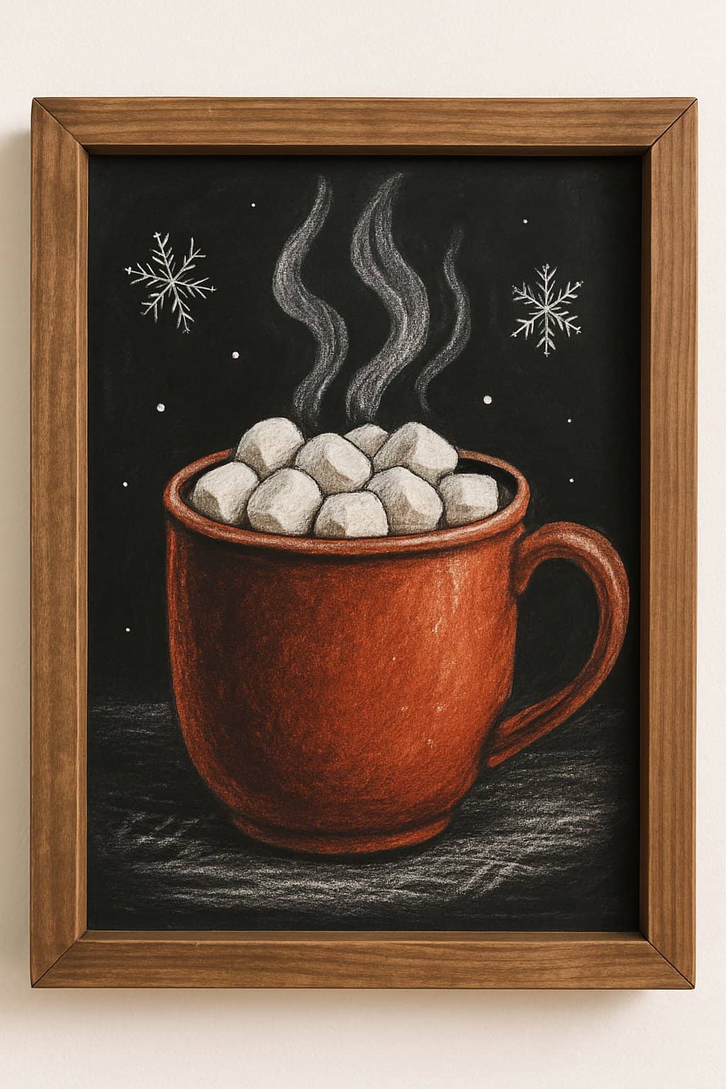A chalkboard sign with a wood frame showing a steaming mug of hot cocoa topped with marshmallows.