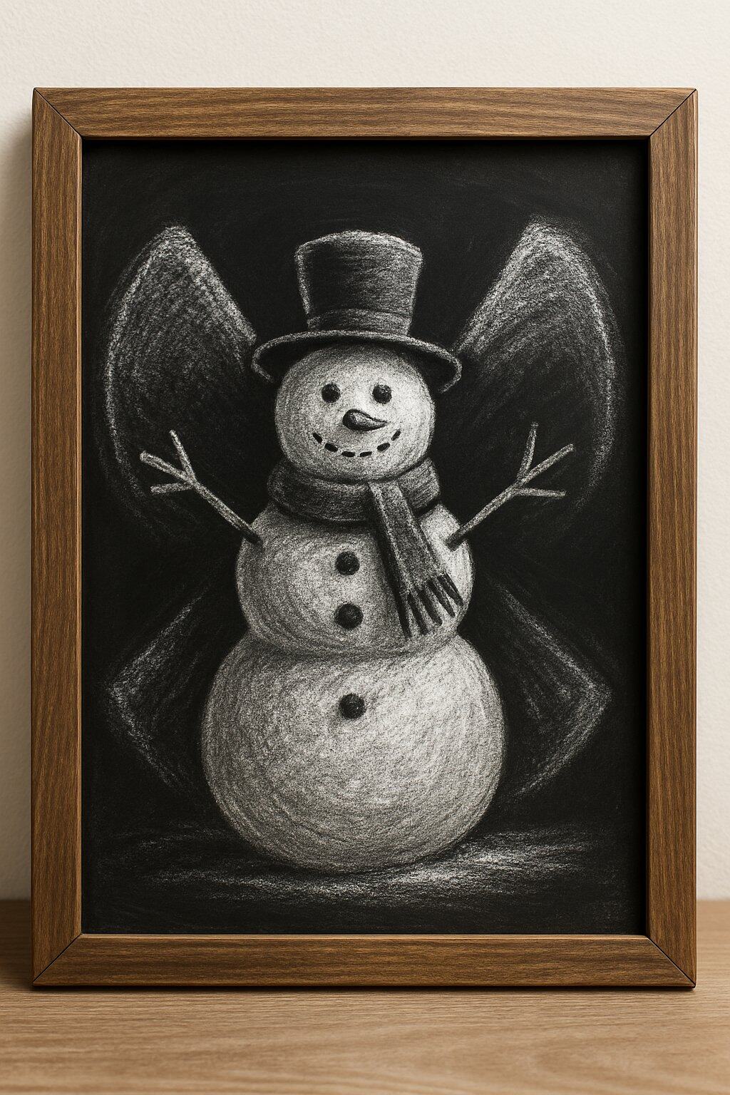 A chalkboard sign depicting a snowman with a snow angel shape behind it, framed in wood.