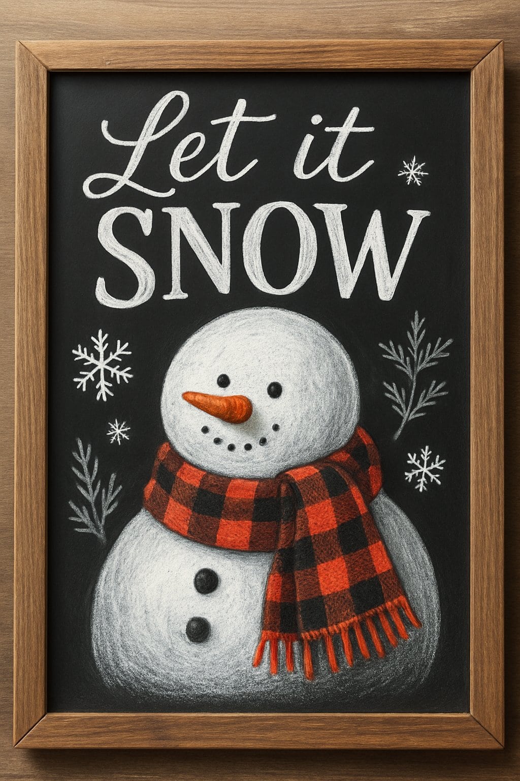 A chalkboard sign with a snowman wearing a checkerboard scarf surrounded by snowflakes and evergreen sprigs.