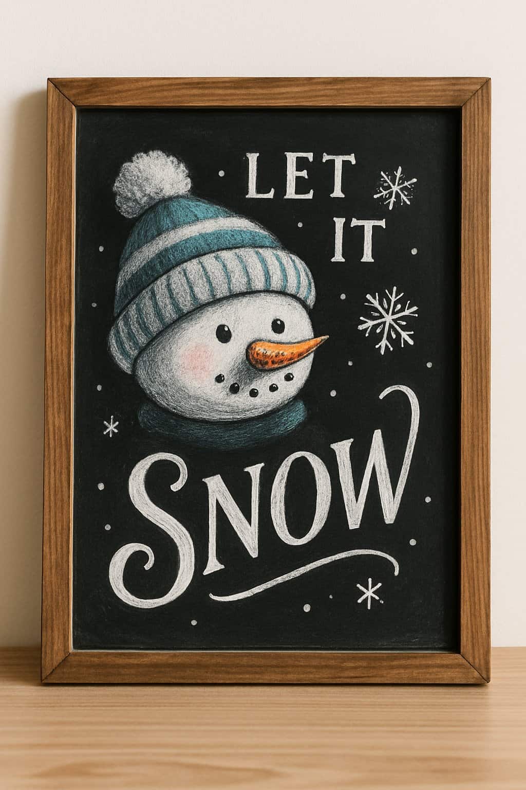 A chalkboard sign with a drawing of a snowman wearing a striped hat framed in wood.