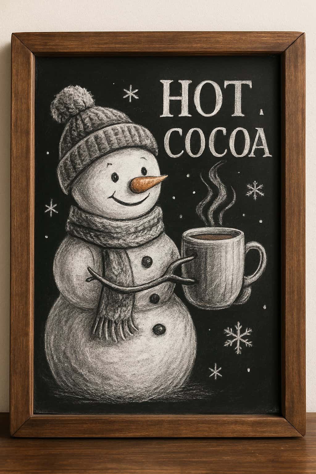 A snowman holding a steaming hot cocoa mug illustrated on a wood framed chalkboard sign.