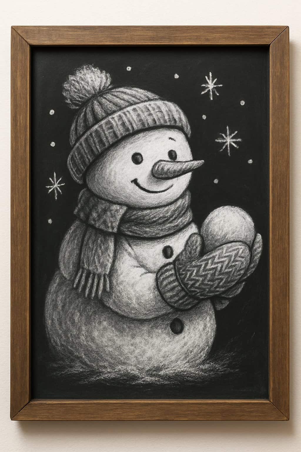 A snowman wearing mittens holding a snowball on a chalkboard sign framed with wood.